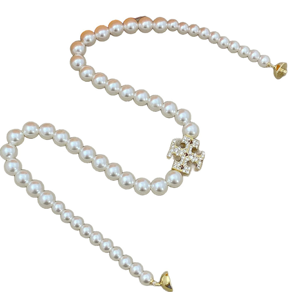 Tory Burch Letter Pearl Rhinestone Metal Necklace - Picture 5 of 7